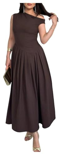 GORGLITTER Women's One Off Shoulder A Line Pleated Dresses Sleeveless Flowy Ruffle Maxi Elegant Cocktail Dress Brown Medium