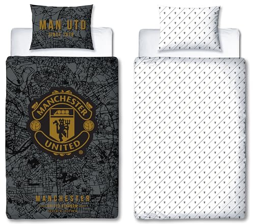 Manchester United FC Officially Licensed Single Duvet Cover Set, Map Design | Black and Grey Reversible 2 Sided Football Bedding Cover Including Matching Pillow Case