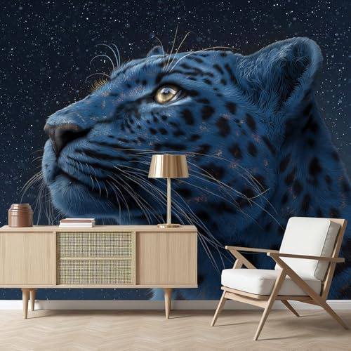 Gaqinhh Léopard Bleu Fantaisie Papier Peint Panoramique, Ciel Étoilé Guépard Mignon Papier Peint Intissé, Tapisserie Murale Cuisine Salle de Bain, Décoration Murale Chambre, 150 x 105 cm