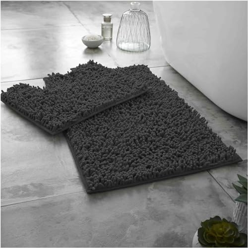 BritAces 2 Piece Chenille Bath Mat Set - Ultra Soft Non Slip Bathroom Rugs - Super Absorbent Loop Design Toilet & Pedestal Mat Set - Luxury Washable Mats for Shower and Bathroom Floor - Charcoal