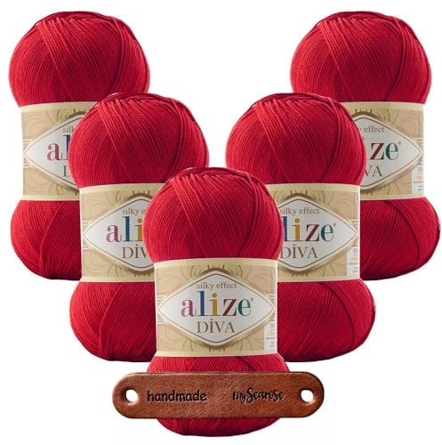 ALIZE 5 x 100g Diva 106 Red Premium Wolle seidiges Microfaser Garn für Stricken & Häkeln von Sommermode Kleidern Cardigans und Accessoires mit mySearose Label