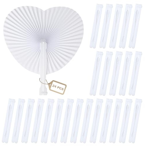 efuturetime 24 Stück Herzform Handfächer Hochzeit Weiß, Papierfächer Faltbar als Hochzeitsdeko & Foto-Requisit, DIY Taschenfächer für Sommerhochzeit, Gartenparty, Gastgeschenk