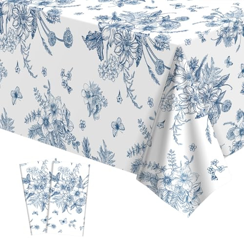 NatNarr 2 Pack Blue Floral Plastic Tablecloths, 137 X 274cm Tea Party Tablecloth Disposable Vintage Table Cloths Blue and White Porcelain Tables Decor for Birthday Garden Wedding Tea Party Supplies