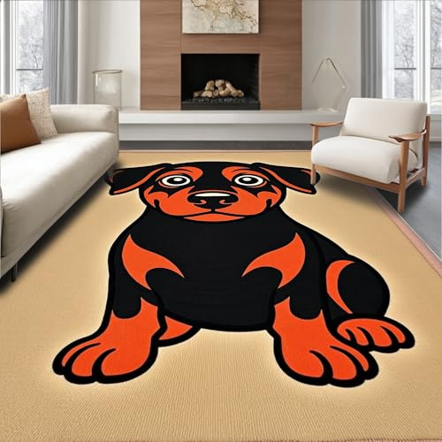 ODIKA Flatwoven High Traffic Area Rug 4x6, Dachshund Puppy Latch Hook Cushion Yarn Needlecraft Project, Non Slip, Stain Resistant, Washable Area Rugs for Living Room, Bedroom (Beige, 4x6)