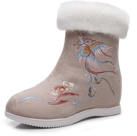 Stivali Hanfu da Donna con Fodera in Pelliccia E Ricami Floreali Stivali da Neve Invernali Caldi con Zeppa Nascosta Scarpe da Ballo Tradizionali Cinesi(Apricot,39 EU)