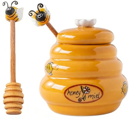 Honey Jar | Ceramic Airtight Wide Mouth Pot - Bee Honey Jar with Dipper,for Syrup Jam Sauce Apartment Kitchen Counter Cabinet Pantry Office Dorm Farmhouse Restaurant