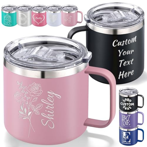 Personalised Insulated Coffee Mug with Name/Text/Logo Engraved, Custom Stainless Steel Travel Tumbler with Lid Handle Double Wall Thermal Cup Customised Office Outdoor Birthday Corporate Gift-12/14oz