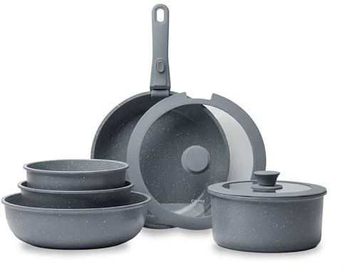 CASTEY - Batería de Cocina 8 Piezas, Modelo BAT-C8GR, Acero Inoxidable 18/10, Base de Aluminio, Recubrimiento Antiadherente Sin PFOA, Sartenes, Ollas y Cacerolas con Tapa y Mango Extraíble, Gris