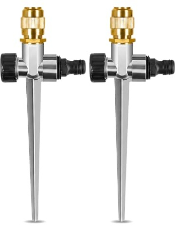 GREATRICH Pack de 2 Aspersor de Riego Cesped de Metal con Estaca de Metal para Jardin Ajustable Aspersor Giratorio 360 Grados Automatico Sistema de Riego, Aspersor Automático para Jardin y Huerto