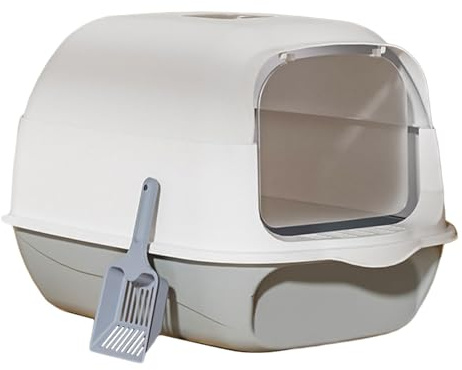 Enclosed Katzenstreu Klo mit Faltbarer Katzenstreu Box Abgedecktem Katzenstreu Behälter Toilettenwanne mit Rahmen Und Schaufel Geruchsdichte Funktion, grau