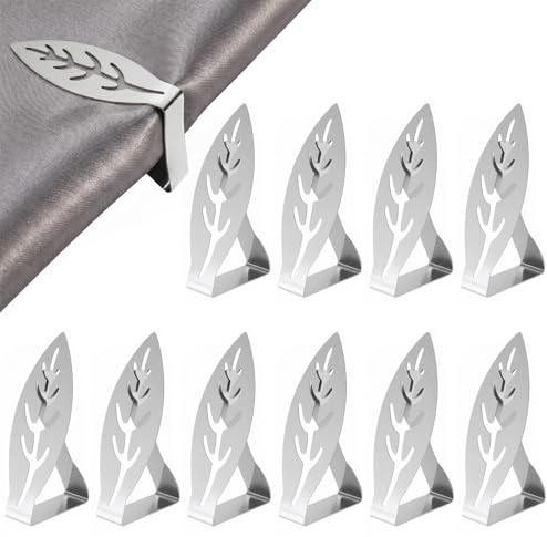 Lot de 10 Pince Nappe Exterieur en Acier Inoxydable, Attache Nappe de Table Forme de Longue Feuille, Pinces pour Nappes de Table Epaisse, Idéal pour Jardin,Restaurant, Pique-Nique et Mariage - Argenté