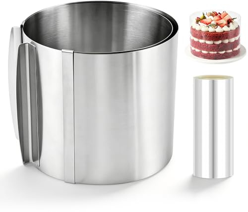Cake Ring Adjustable 16 to 30 cm, Round Cake Mould with Cake Collar 15CMx10M Stable Stainless Steel Baking Cooking Rings for Mousse Bread Pastry Desserts (H 15cm, Silver)