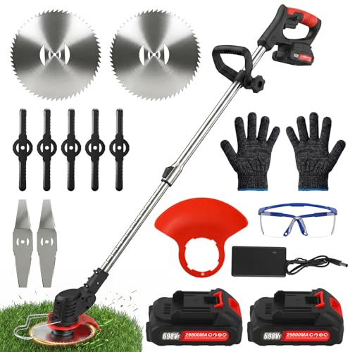 Coupe Bordure sans Fil avec Batterie, Debroussailleuse Electrique sans Fil avec 3 Types Lames, 2 Batteries 21V, Tête Pivotante 90°, Poignée Réglable, Rotofil Batterie pour Jardin et la pelouse