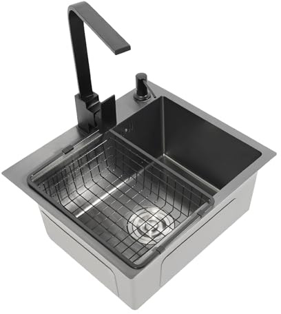 Évier Cuisine 1 Bac Inox, Évier Encastrable Anti-Taches Anti-Rayures Revêtement avec Robinet, Distributeur Savon, Panier Vidange, Siphon Complet, Montage Topmount Flushmount Undermount, 45x40x20cm