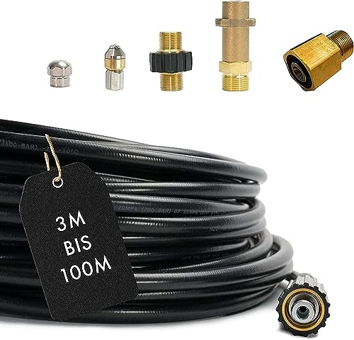 M&M Smartek Rohrreinigungsschlauch 40m, 6-teilig mit Easy Lock | Rotierende und starre 1/8-Zoll-Düse plus M22-, Kränzle-, Bajonett- und Easy-Lock-Adapter für Kärcher HD/HDS im Set.