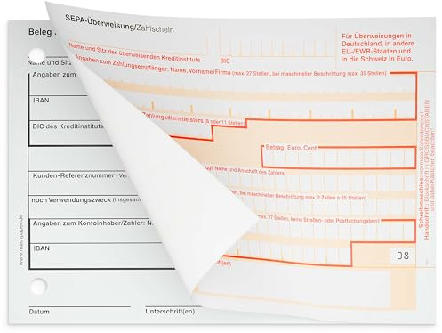 SEPA Überweisungsformular Zahlschein - 100 Stück Überweisungsträger 2-fach | Selbstdurchschreibender Überweisungsschein, DIN A6, 15 cm x 4 1/6 Zoll, ohne IBAN Vorbelegung, international nutzbar, 326211