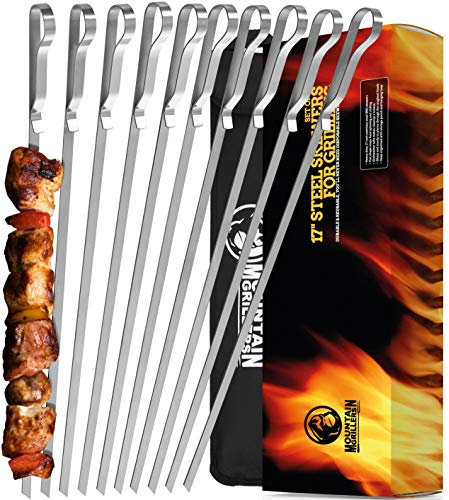 Mountain Grillers Kebab Skewers - 17” Stainless Steel Skewer Sticks - Long Reusable Flat Metal - BBQ Grill Essentials Metal Skewer - BBQ Skewers Set of 10 w/Handy Storage Bag