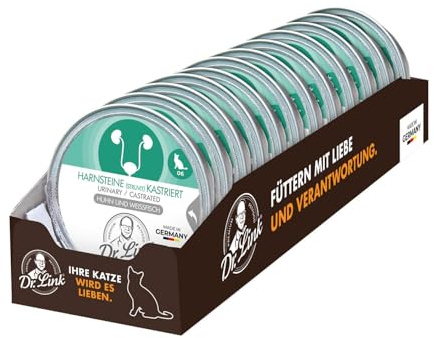 Dr. Link Spezial-Diät Katzenfutter, für kastrierte Katzen & Kater, Huhn & Weißfisch – Unterstützung der Harnwege, Diätfutter mit pH-Wert-Regulierung, Omega-3-Fettsäuren, Glutenfrei - 12x 85g Schale