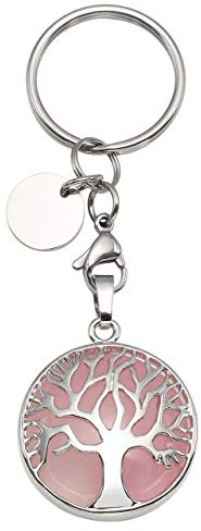 GEHECRST Lebensbaum Schlüsselanhänger Natürlich Edelstein Anhänger Chakra Heilsteine Glückbringer Schlüsselbund Keychain Energietherapie Healing Dekoration (Rosenquarz)