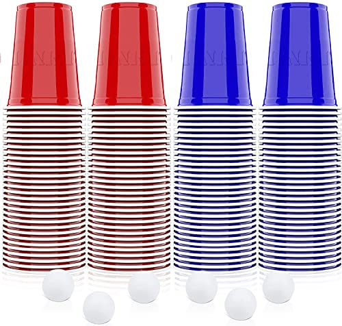 Packung mit 120 offiziellen Amerikanische Becher | 60 Blaue + 60 Rote + 6 Bälle | Premium Amerikanische Becher 53cl | Spiel | Wiederverwendbare Plastikbecher | Handwäsche & spülmaschinenfest