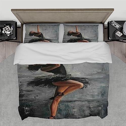 HOBBOY Graue Bettwäsche-Sets Ästhetische Kunst Tanzendes Mädchen Muster Bettbezug mit Reißverschluss 4 Eckbänder 2 Kissenbezüge Chic Soft 3 Stück 180x200 cm