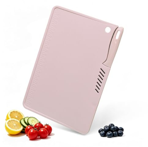 Plastic Cutting Board, Flexible Thick Small Chopping Board Cutting Mat Worktop Saver Protector with Cutter for Cutting and Slicing Vegetables, Fruit, Meat and Cheese(Pink)