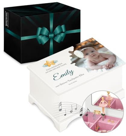 Maverton personalisierte Musikschmuckdose mit eigenem Foto - Schmuckkästchen Ballerina Spieldose - Schmuckkiste in Herzform für Mädchen - Musikspieldose zur Taufe Kommunion - zu Weihnachten - Andenken