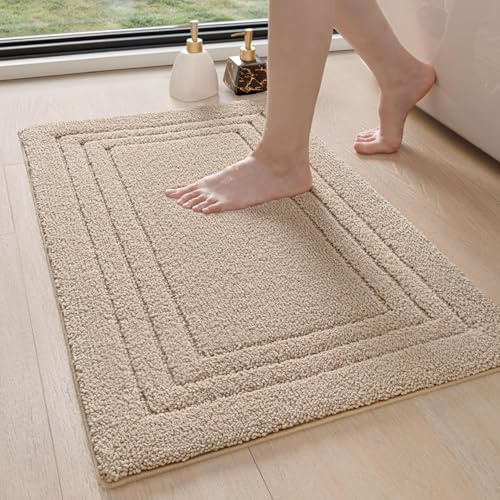 DEXI Badezimmerteppich 60 x 90 cm, weicher Badematte, rutschfest waschbar Badvorleger, Saugfähige Duschvorleger für Badezimmer, Dusche, Beige