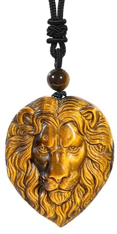 Nupuyai Collar de piedra de cristal de ojo de tigre natural para hombre, colgante de piedra tallada con cabeza de animal con cordón ajustable, Piedra Nailon, Ojo de tigre