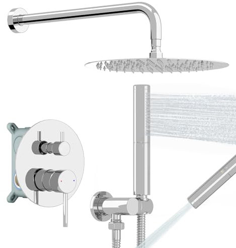BESy Shower System with 10 Inch Round Rain Shower Head and Handheld Wall Mounted, High Pressure Rainfall Shower Faucet Fixture Combo Set with 2 in 1 Handheld Showerhead for Bathroom, Polished Chrome