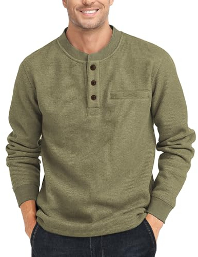 zitysport Henley Shirts Herren Langarm Casual Waffel Henley Hemd Männer Thermal Freizeithemd 3-Knopf Classic Henley T-Shirt Herren mit Brusttasche