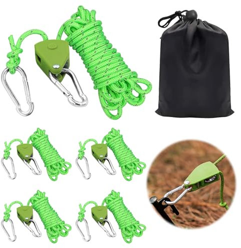 4 Stück 4mm Verstellbarer Seil Ratsche mit Seilspanner,4M Einstellbare Nylon Abspannseile Camping,Seilratsche mit Haken,Ratschenseil Seilzugratsche für Aufhänger Pflanzenlampe Zelten