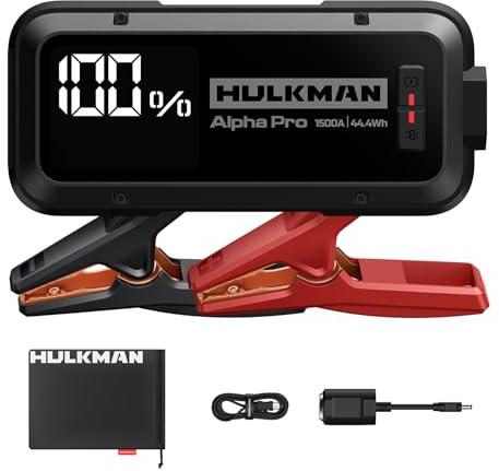 Hulkman Alpha Pro, Negro Sólido, Arrancador Inteligente 1500A 44.4Wh, con Pantalla LED 3.3, Batería Portátil PD65W in&out, 12V. Ideal para Motores 7.5L Gas / 4.5L Diesel