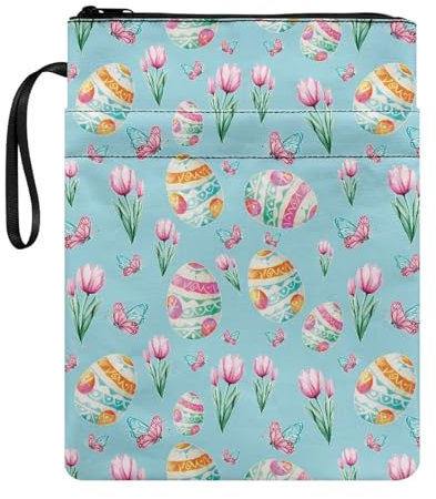 Wanyint Buchhülle, waschbarer Stoff, Buchumschlag mit Reißverschluss und Griffschlaufe für Leser, multifunktionaler Buchschutz, 29 x 22 cm, Ostereier, Schmetterling, Tulpe, Blau