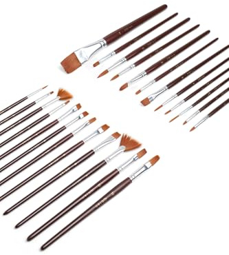 Elan Set di Pennelli, 24 Pezzi Pennelli in Nylon Manico Corto, Angolati, a Ventaglio, Filbert, Piatti, Tondi, Script per Acrilica, Tempere e Gouache