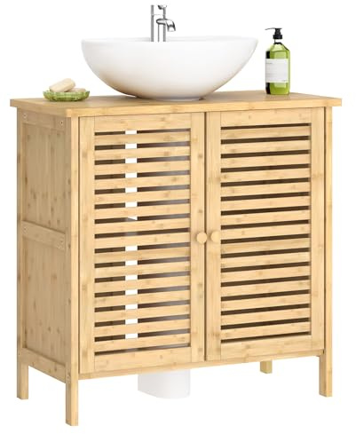 SogesHome Unterschrank fürs Bad Waschbeckenunterschrank Badschrank Badmöbel mit 2 Ablagen aus Bambus,Belastbarkeit 30 kg, 60x30 cm