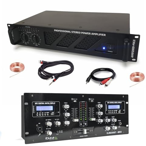 Ibiza – Pack Sono DJ Ampli Ibiza Sound AMP2000-MKII 3000 W – Mesa Mezcladora Bluetooth DJM250BT-MKII RCA XLR – Cables RCA Jack para altavoces incluidos