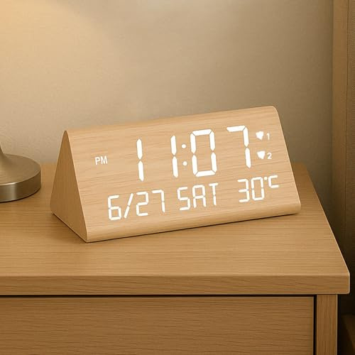 VORRINC Wecker Digital Holz, Wecker Holz mit 2 Alarm/Datum/Wochentag/Temperaturanzeige, Einstellbare Helligkeit & Lautstärke, mit Stromanschluss und 2 USB-Ladeanschlüsse für Zuhause & Büro