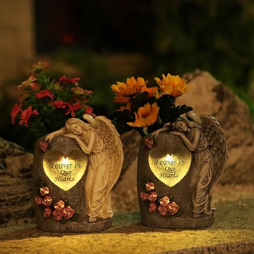 Engel Grabvase mit Solarleuchten, Grabschmuck Engelsvasen Gartenfiguren für Außen, Wetterfest Friedhofsvase Engel Solar Grablicht, Solar Licht Engelfigur Grabvasen für Frische/Künstliche Blumen (2PCS)
