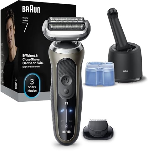 Braun Series 7 Elektrorasierer Herren, Rasierapparat mit 60 Min. Akkulaufzeit, 4in1 SmartCare Reinigungsstation, +1 Aufsatz, Kabelloser Nass- und Trockenrasierer, Wasserdicht, 72-C7200cc, Gold