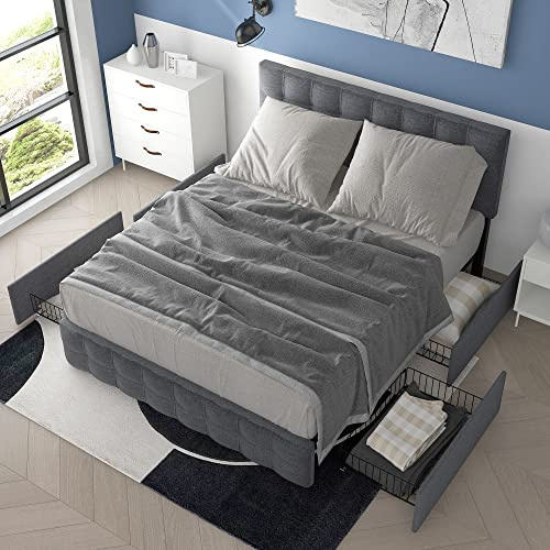 OKYION Polsterbett 140x200 cm Doppelbett mit Höhenverstellbarem Kopfteil Stauraumbett mit 4 Stauraum Schubladen Bett mit Bettgestell und Lattenrost Leinen Grau ohne Matratze