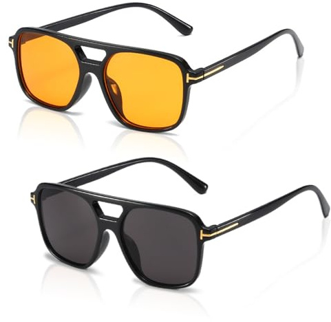 SAIIURV 2 Pezzi Occhiali da Sole, Occhiali da Sole Retrò Pilot a Doppio Ponte, Classico Quadrato Vintage Protezione, Guida All'Aperto, Rettangolari per Donna e Uomo, Protezione UV (Arancia, Nero)