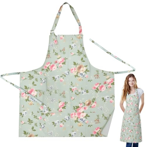 Neerow Kochschürze Damen, Verstellbare Schürze mit 2 großen Taschen, Blumen Küchenschürze Damen für Garten Grillen Haushalt