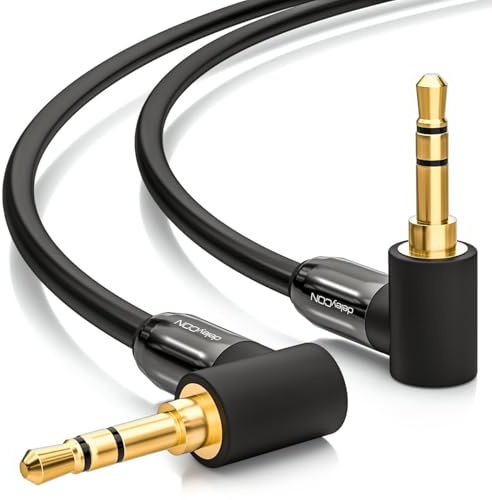 deleyCON 10m Klinkenkabel 3,5mm AUX Stereo, 90° gewinkelt - Schwarz | Audio Kabel mit Klinkenstecker, für PC, Laptop, Handy, Smartphone, Tablet, KFZ und HiFi-Receiver
