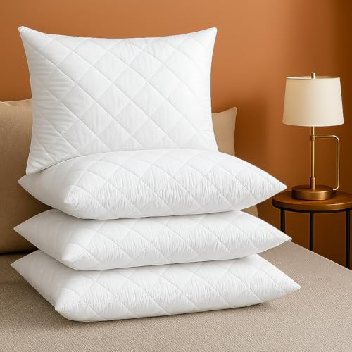 SK MERCHANDISE 4 Pack Hotel Quality with Quilted Cover- Premium Filled Pillows for Side, Stomach and Back Sleeper, Down Alternative Bed Pillow-Soft Hollow-Fiber Hotel Pillows