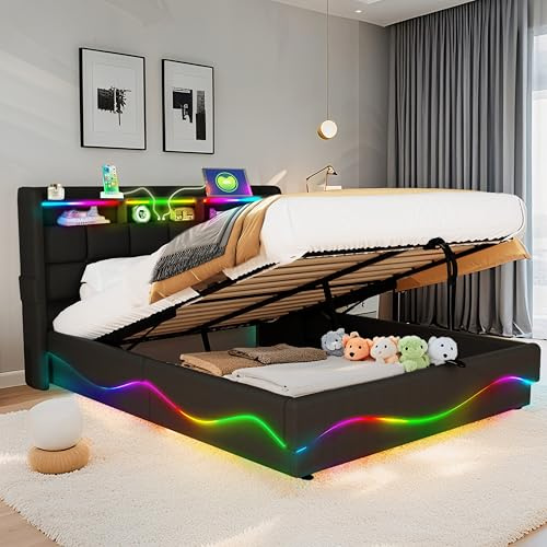 XMETPR Letto con Contenitore Tutto-in-Uno 160x200 cm con Luci LED, Ampio Contenitore Sotto il Letto, Ripiano Testata & Stazione di Ricarica USB/Type-C, Pelle, Nero