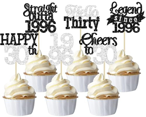 Gyufise 24Pcs Happy 30th Birthday Cupcake Toppers Hello Thirty Legend Since 1996 Cupcake Picks Cheers to 30 Years Cake Decorations for 30th Birthday Anniversary Party Supplies Black Silver