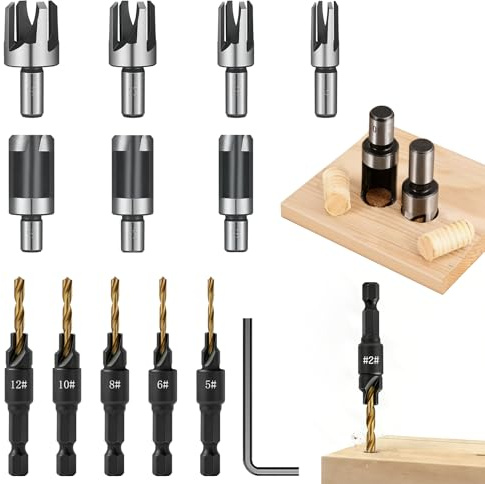 14 Pcs Countersink Drill Bit Set for Woodworking: 5 Wood Drill Bits(5# 6# 8# 10# 12#), 8 PcsWood Cutters for Drills, 1 Hex Wrench, Quick-Change Wood Plug Cutter Set 1/4 Hex Shank for Woodworking