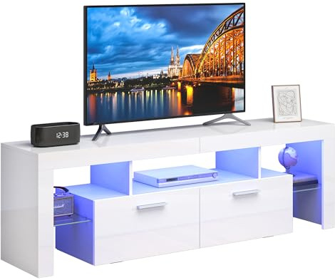 Hyaapwod TV Schrank Hochglanz, Lowboard Weiß, mit LED-Beleuchtung, Fernsehschrank für Fernseher bis zu 70 Zoll, mit Zwei Großen Schränken, 160 x 35 x 45 cm, Weiß