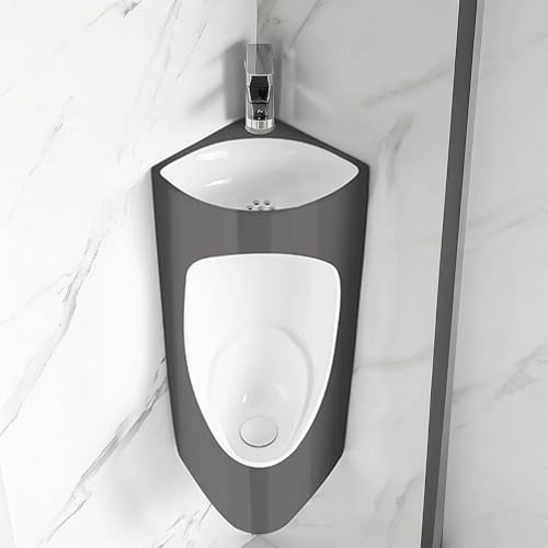 Urinal Keramik-Eckurinale mit Waschbecken, Kleines Urinal mit Spülung für Senioren, Wandhängendes Urinal für Badezimmer, Waschräume, Krankenhäuser und Werkstätten(Gray)